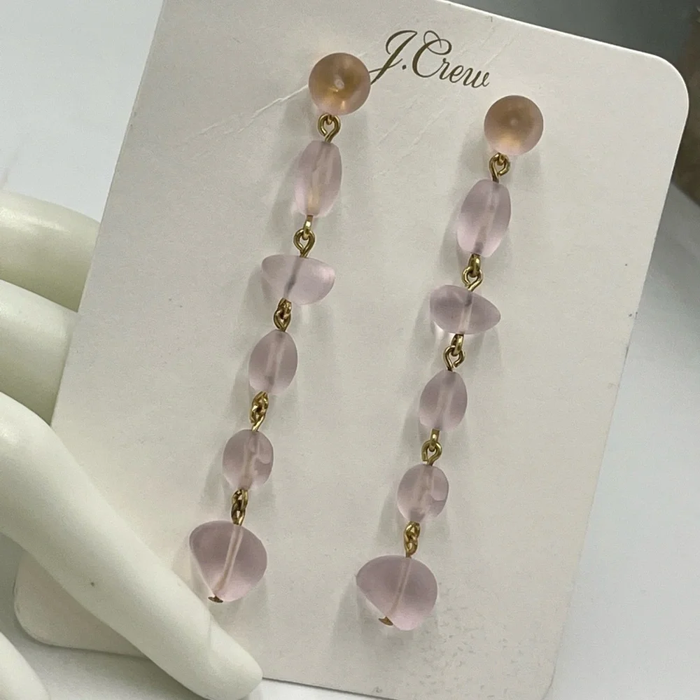 J. Crew Pretty Pink Sweet Sea Glass‎ Linear Drop Earrings Gold Tone New